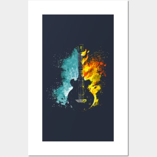 guitar silhouette with water and fire Posters and Art